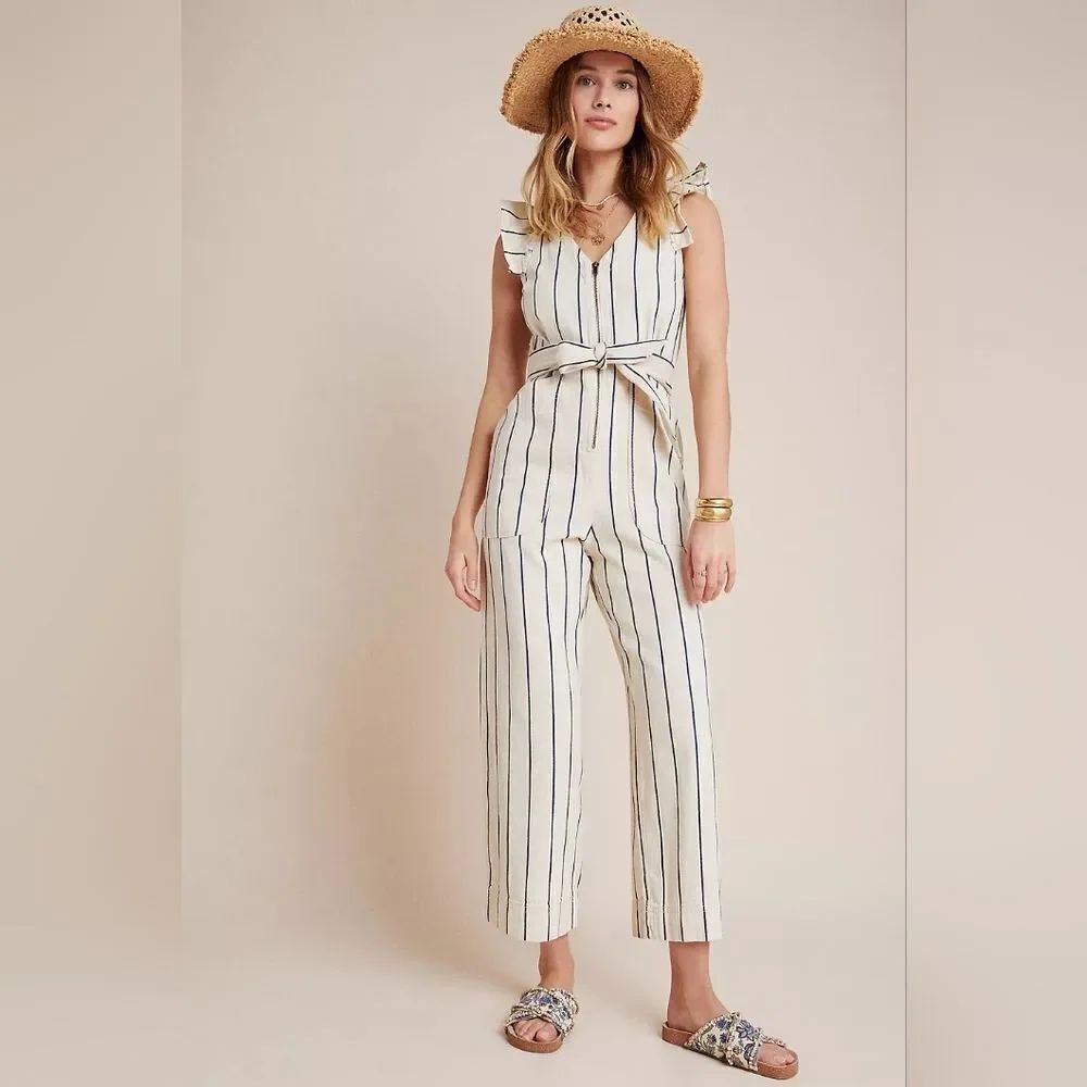 Anthropologie Hedda Jumpsuit Sz 12, Wide Leg, 23" Inseam. Cream With Navy Stripe